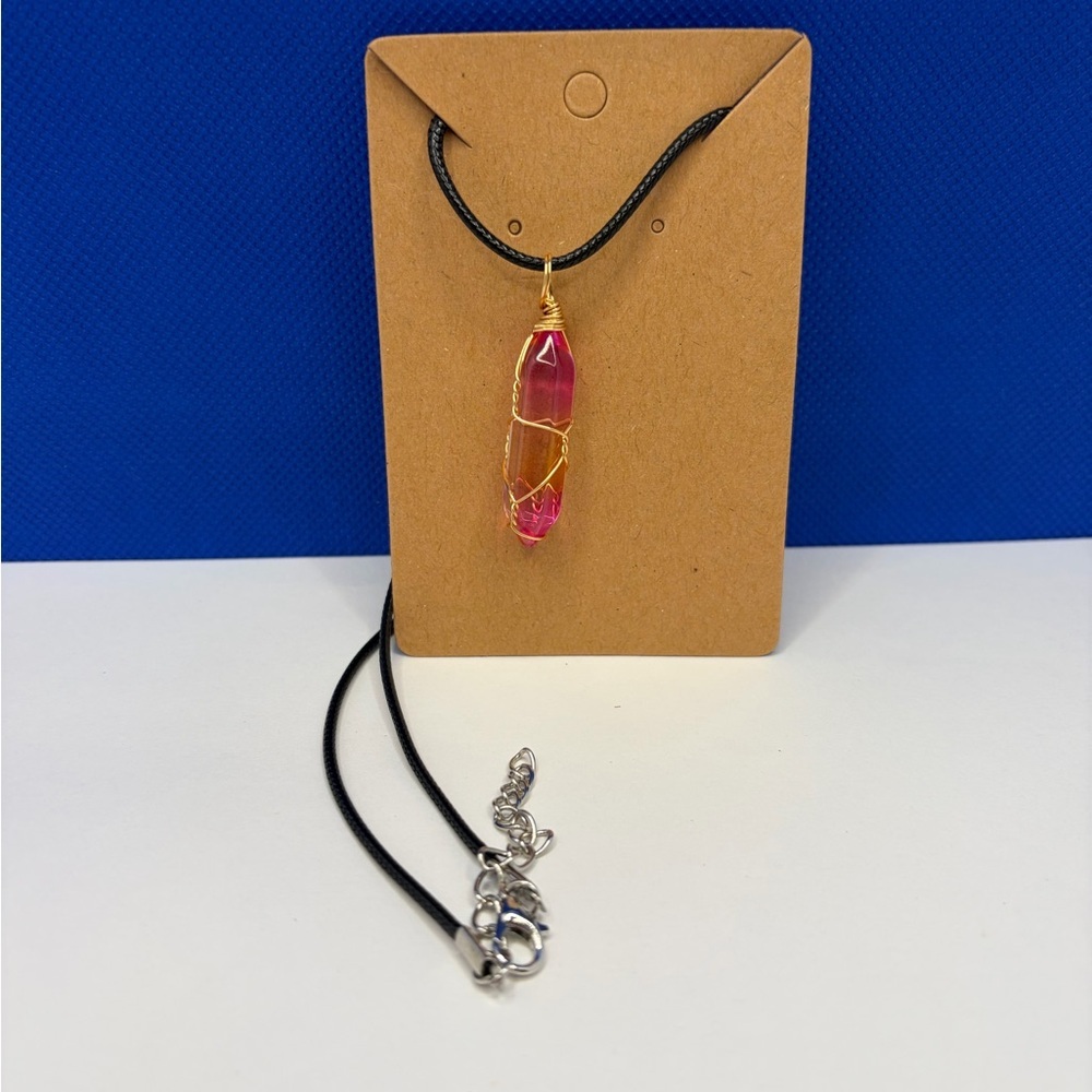 Pink Crystal Pendant with Gold Wire Wrap